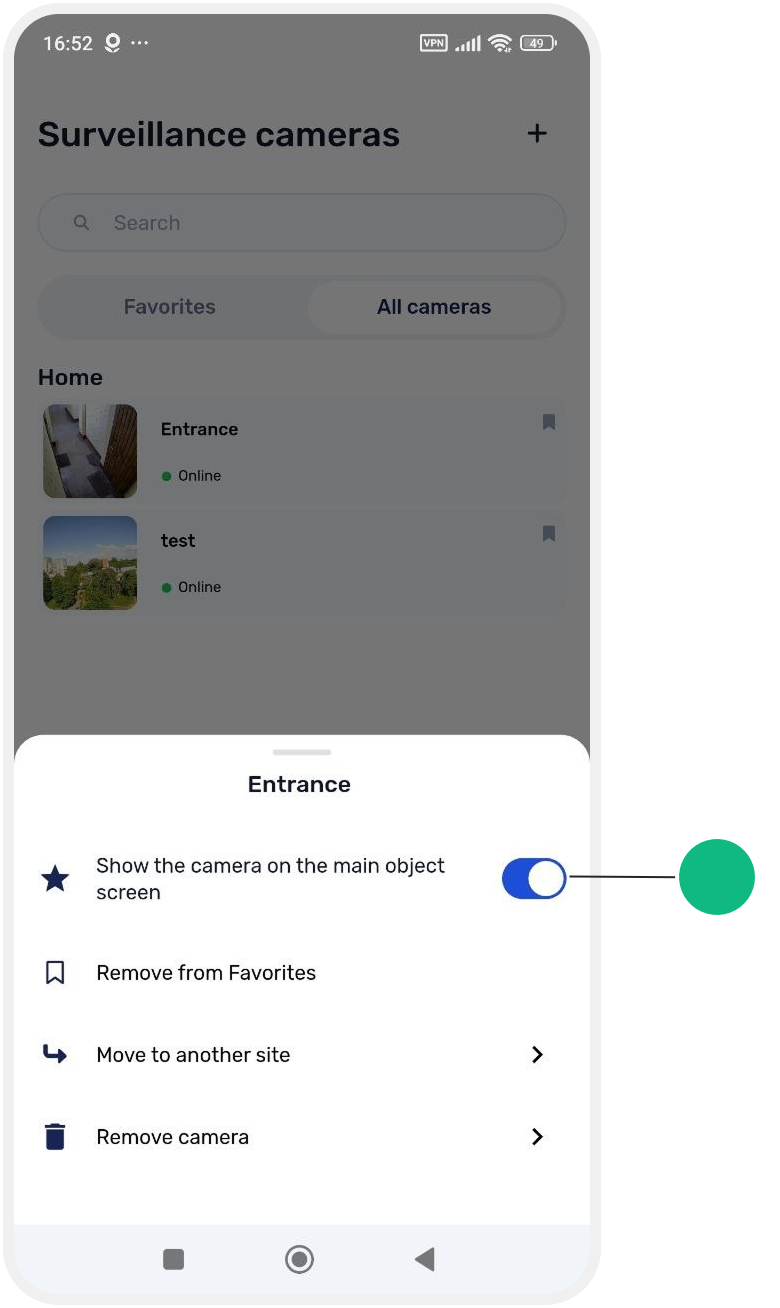 Displaying cameras on the site main screen