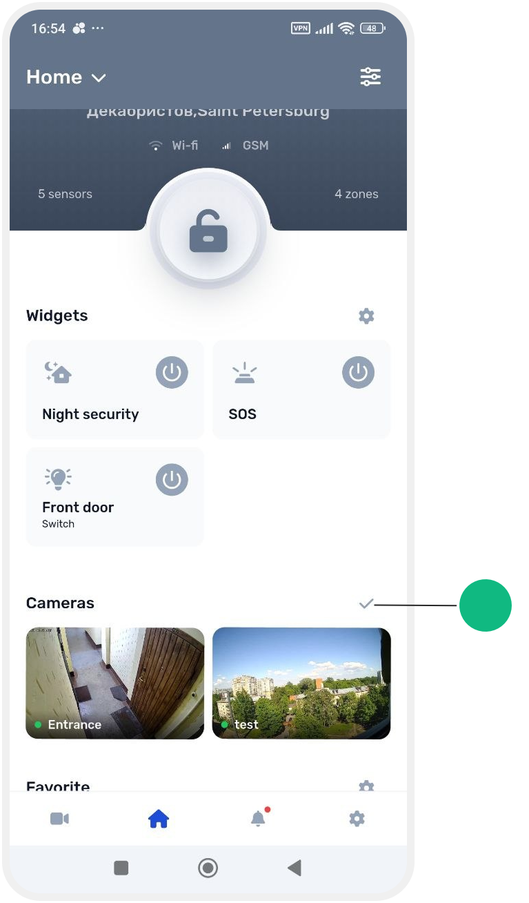Displaying cameras on the site main screen